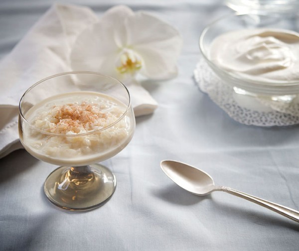 rice pudding, doily