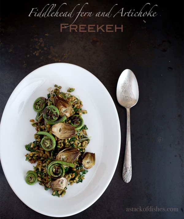 Freekeh salad with fiddlehead ferns and artichokes~ astackofdishes.com