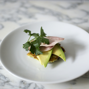 Herbed Rice Cake with Smoked Chicken and Cherries- A Stack of Dishes