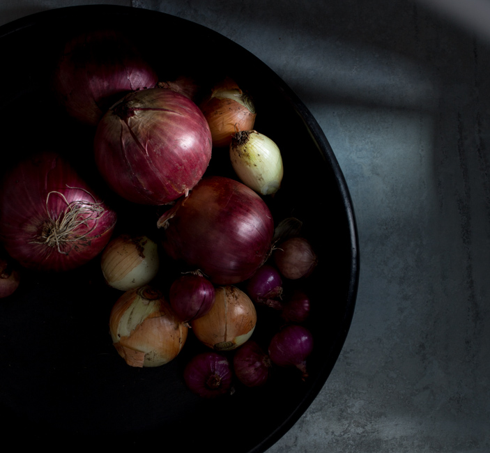 Onions readying for roasting-A Stack of Dishes