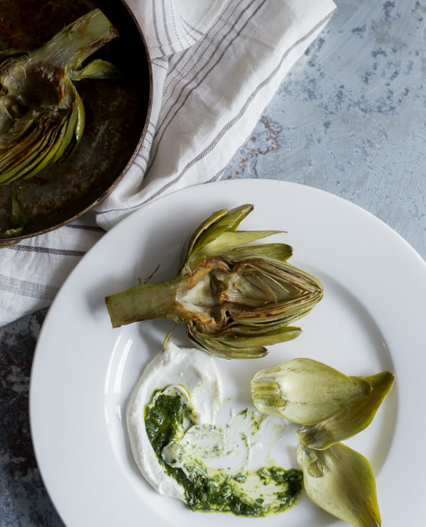 Artichokes Pan Seared with Lemony Yogurt and Pesto- A Stack of Dishes