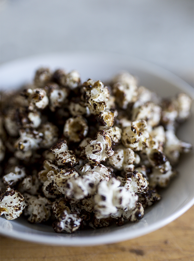 Dark Chocolate Popcorn with Sea Salt and Peanuts - A Stack of Dishes