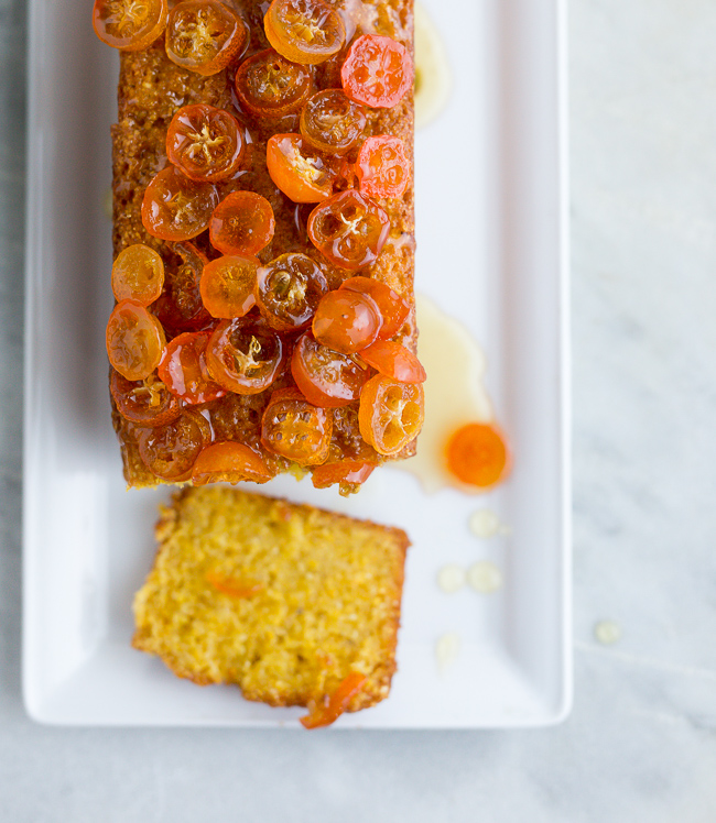 Olive Oil Polenta Cake with Candied Kumquats- A Stack of Dishes