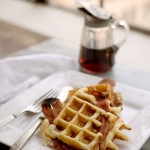 bacon and waffle, waffle with bacon in it, waffle, waffle recipe, a stack of dishes