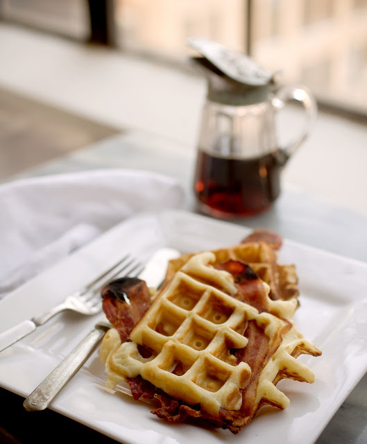 bacon and waffle, waffle with bacon in it, waffle, waffle recipe, a stack of dishes