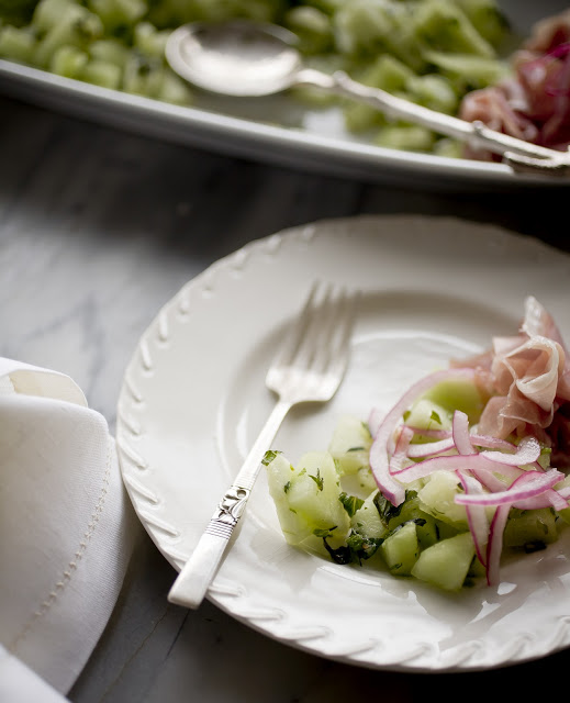 salad, summer salad, mint, melon, pickled red onion