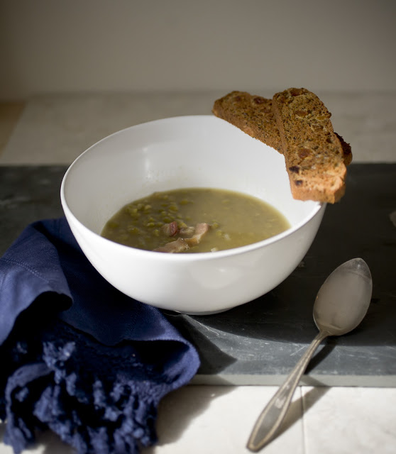 pea soup, fruited crostini
